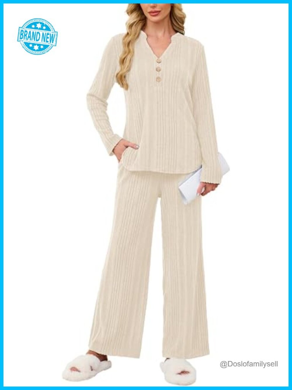 Ribbed Knit 2 Piece Lounge Set Long Sleeve Top and Pants Pajama Set